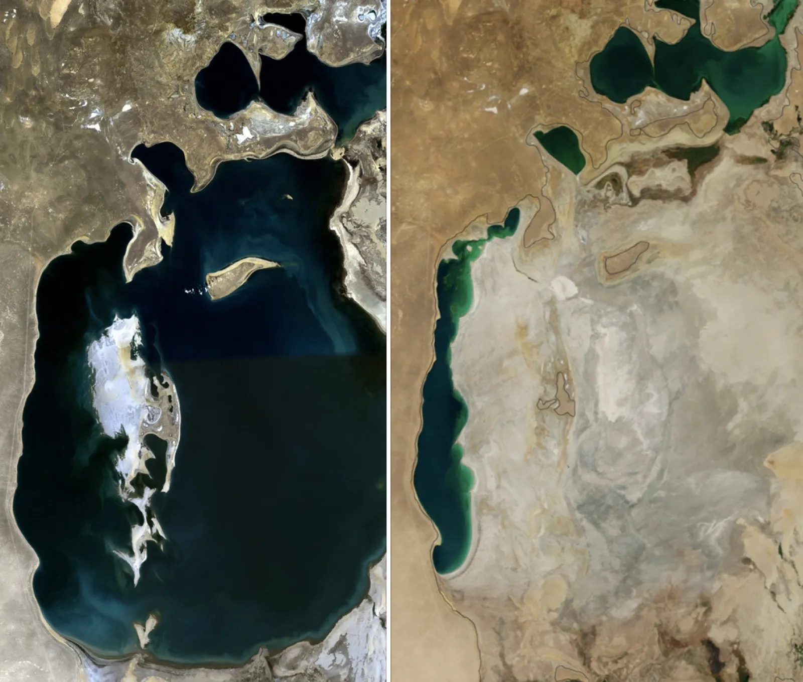 Satellite comparison of the Aral Sea in 1989 versus 2014, showing dramatic shrinkage